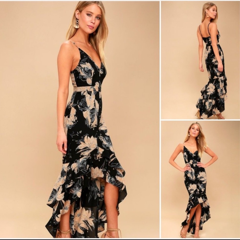 Lulus dress - Darling Daylily Black Floral Print High-Low Maxi Dress